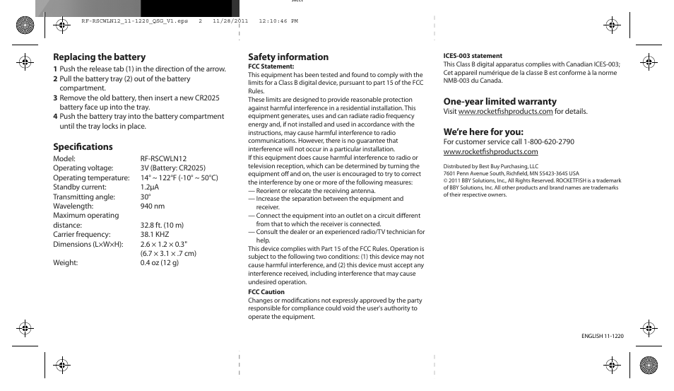 Safety Information Replacing The Battery Specifications Rocketfish Rf Rscwln12 Quick Setup Guide User Manual Page 2 2 Original Mode
