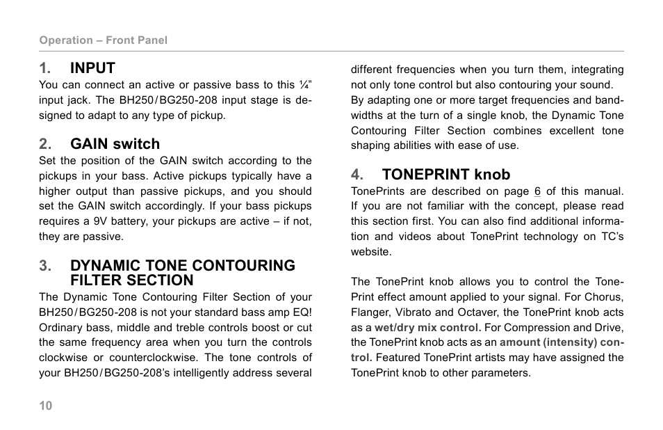 Input Gain Switch Dynamic Tone Contouring Filter Section Tc Electronic Bg250 User Manual Page 14 24