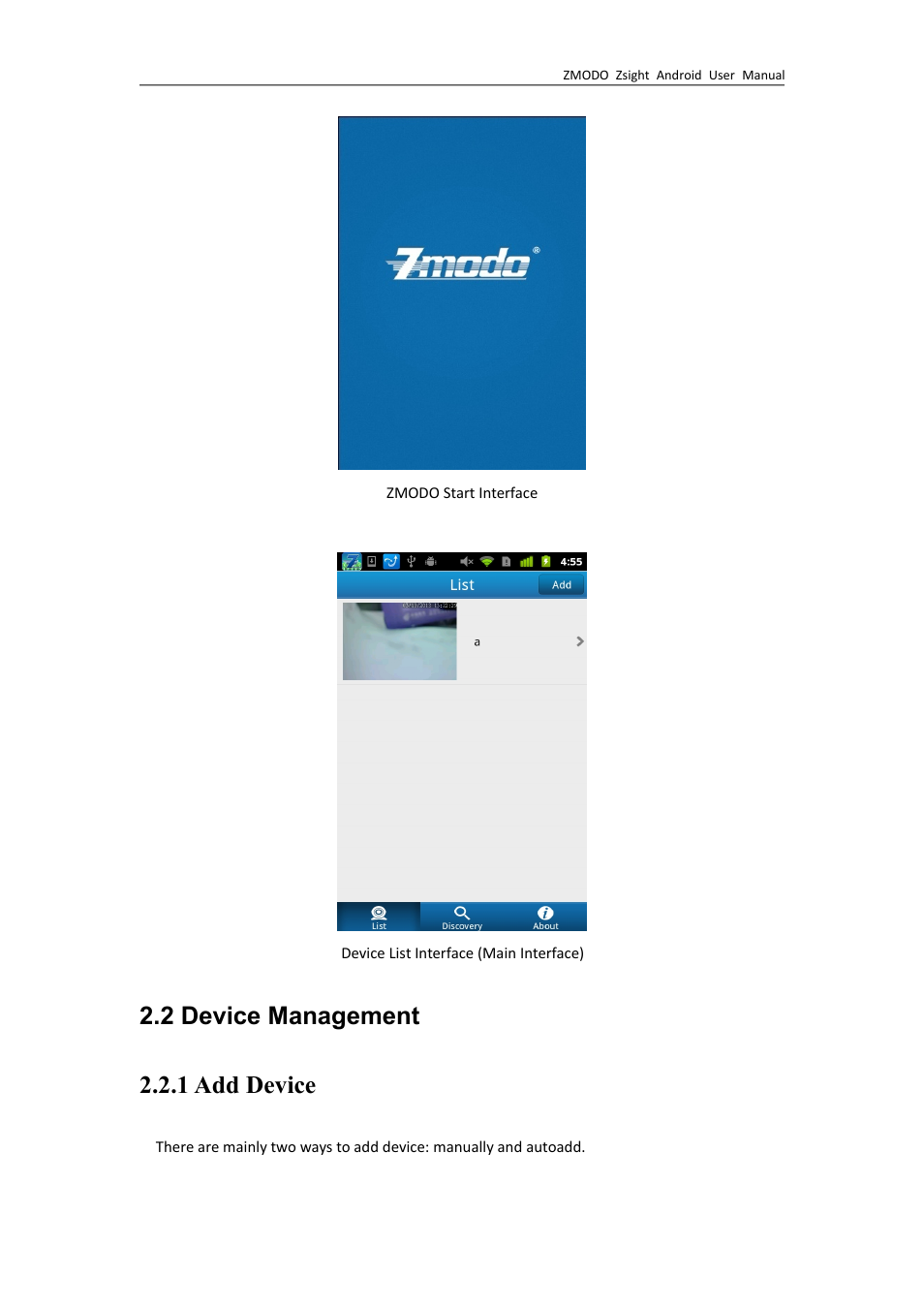 2devicemanagement, 1adddevice, 2 device management | 1 add device, 2 device management 2.2.1 add device | ZMODO ZP-IBH13-P 720P HD H.264 PoE IP Infrared Weatherproof Camera with QR Code Smartphone Setup - Zsight Android User Manual User Manual | Page 4 / 12