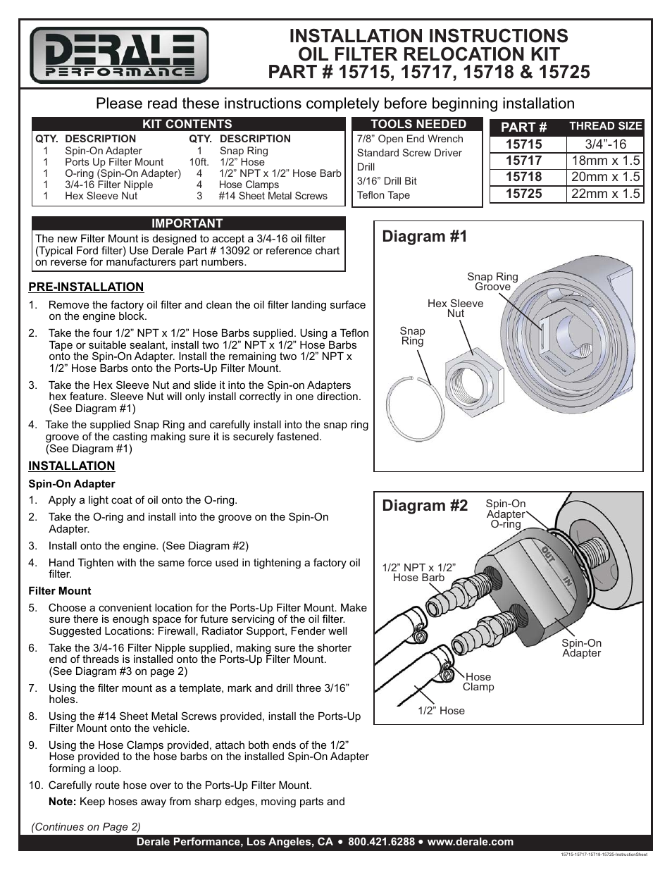 Derale 15725 Engine Oil Filter Relocation Kit