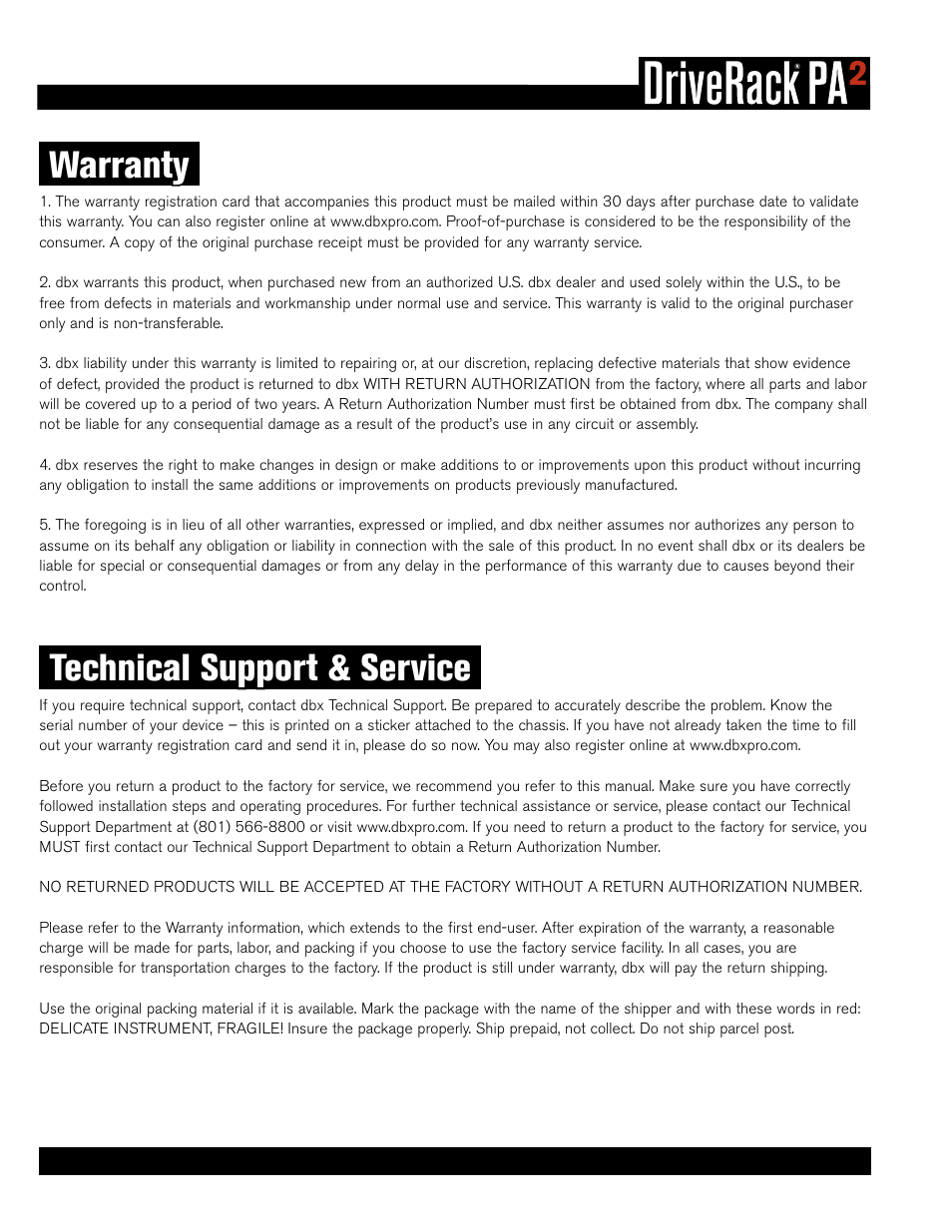 Warranty, Technical support & service | dbx DriveRack PA2 User Manual