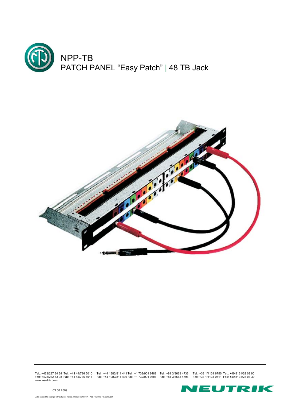 Neutrik NPP-TB PATCH PANEL “Easy Patch” | 48 TB Jack User Manual | 11 pages