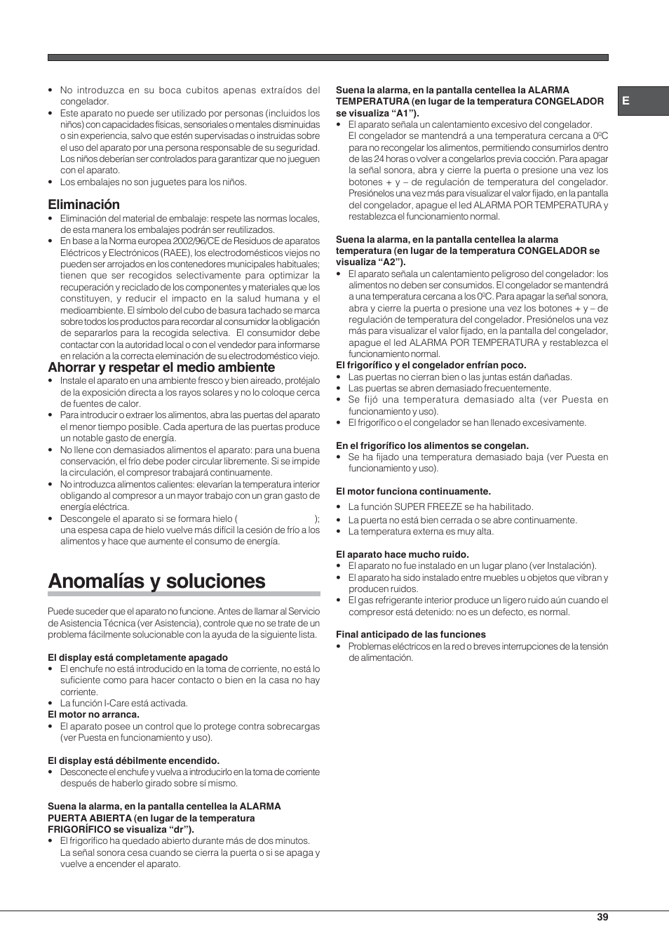 Anomalías y soluciones, Eliminación, Ahorrar y respetar el medio ambiente | Hotpoint  Ariston Combinado E4DY AA X C User Manual | Page 39 / 52 | Original mode