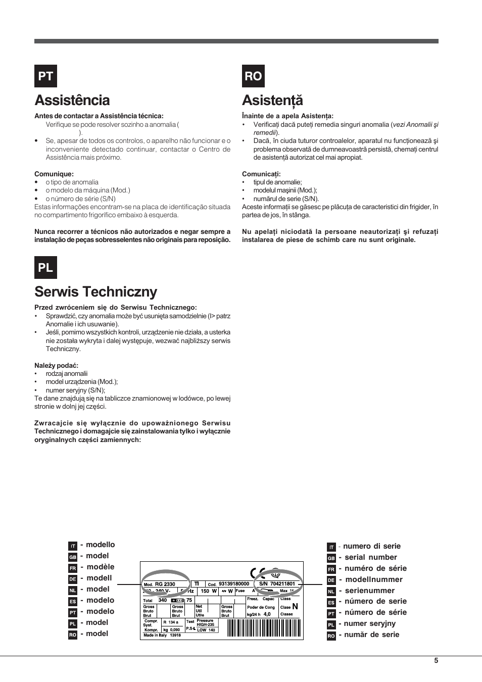 Assistência | Hotpoint Ariston Combinado E4DY AA X C User Manual | Page 5 /  52 | Original mode