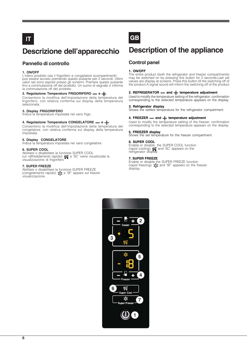 Descrizione dell'apparecchio, Description of the appliance, Pannello di  controllo | Hotpoint Ariston Combinado E4DY AA X C User Manual | Page 6 /  52 | Original mode