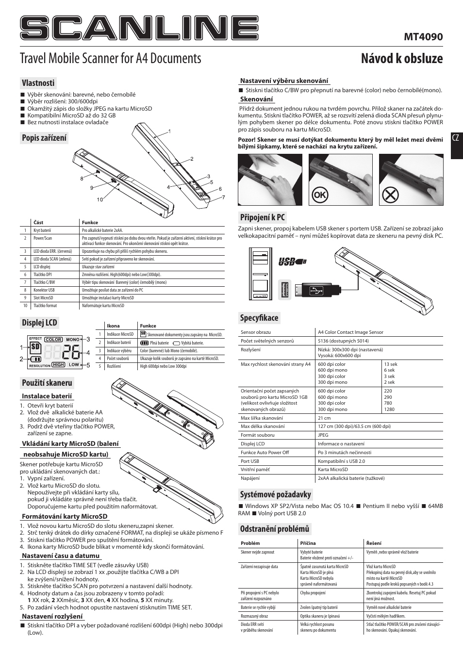 Scanline, Travel mobile scanner for a4 documents, Návod k obsluze