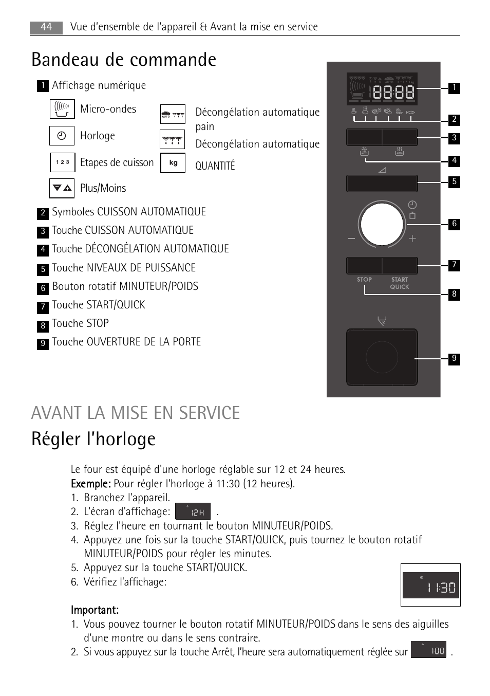 Bandeau De Commande Regler L Horloge Avant La Mise En Service Aeg Mc1763e M User Manual Page 44 168