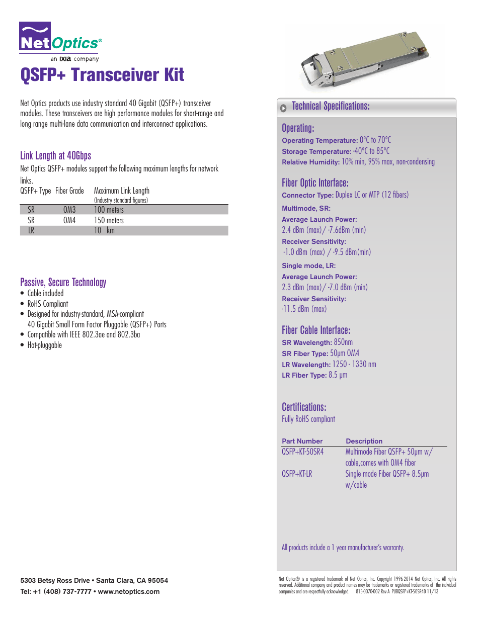 Net Optics QSFP+ Transceiver Kit User Manual | 1 page