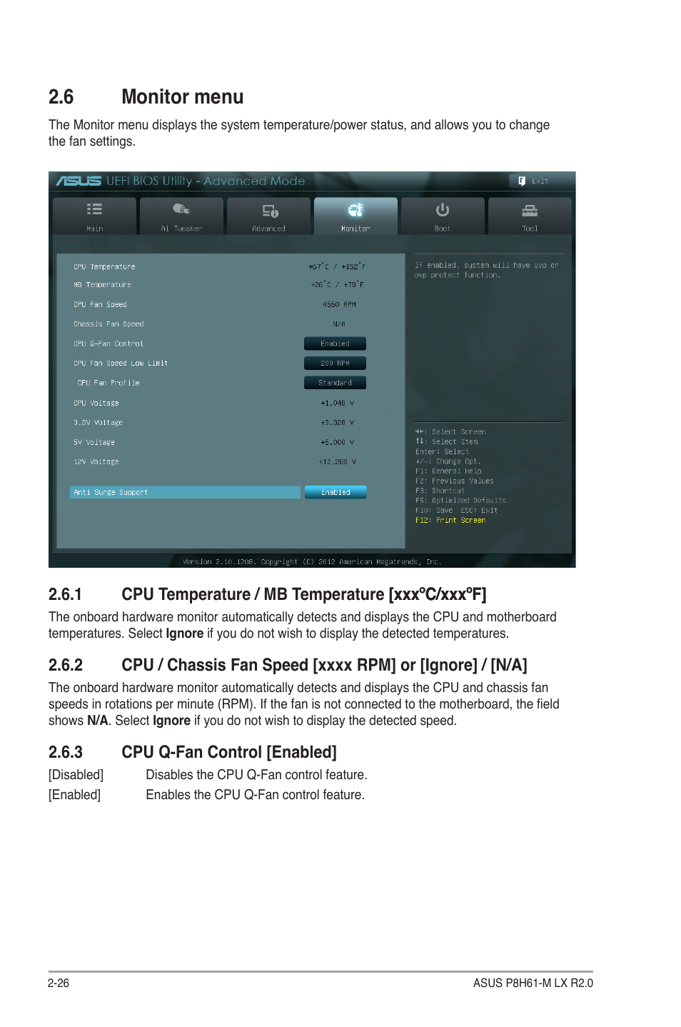 6 Monitor Menu 1 Cpu Temperature Mb Temperature Xxxºc Xxxºf 3 Cpu Q Fan Control Enabled Asus P8h61 M Lx R2 0 User Manual Page 68 78