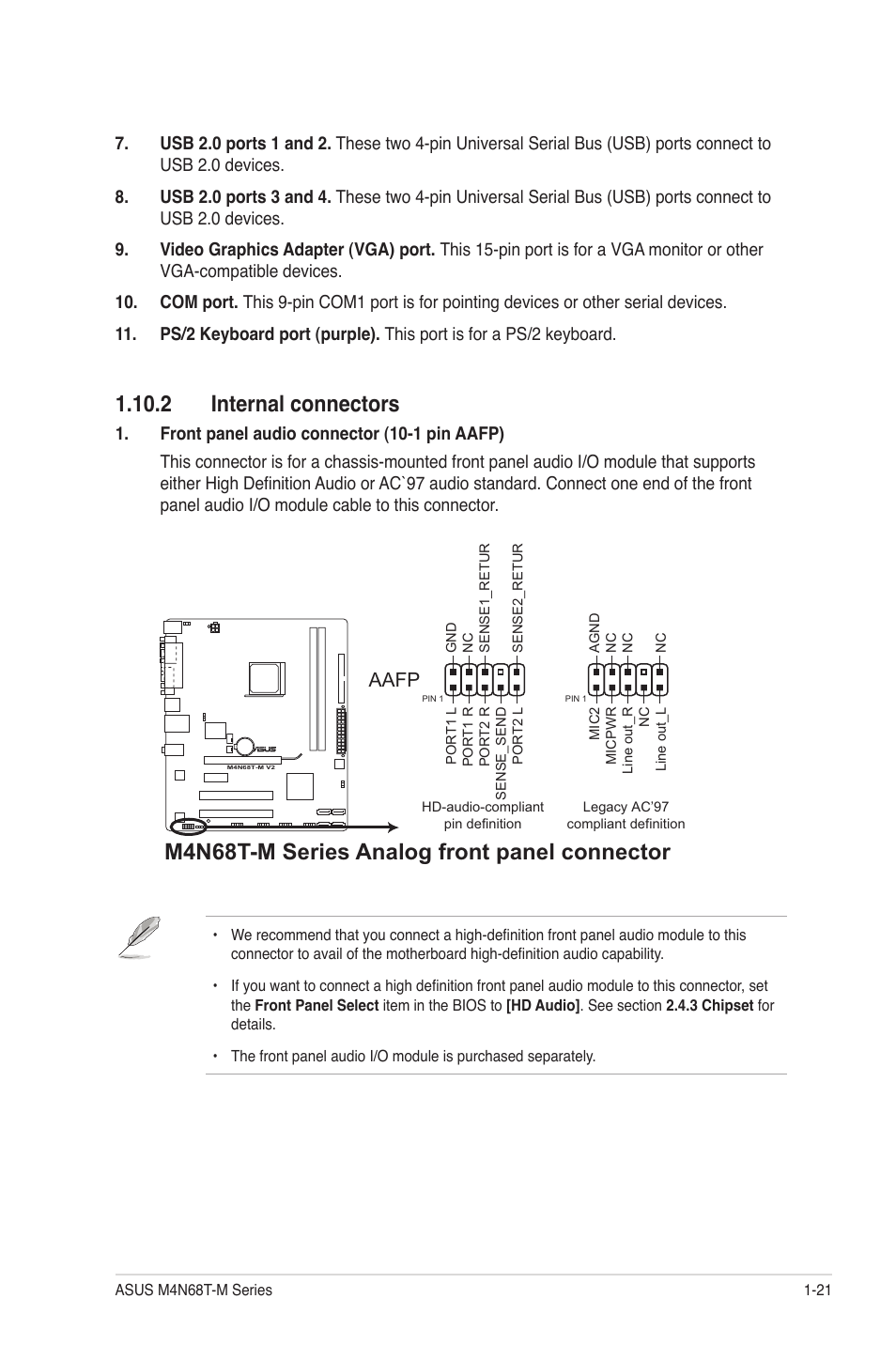 2 Internal Connectors M4n68t M Series Analog Front Panel Connector Aafp Asus M4n68t M V2 User Manual Page 31 66