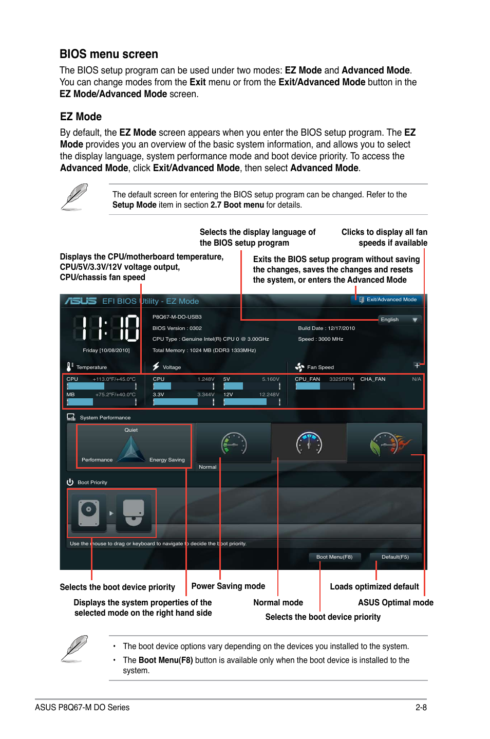 Bios menu screen, Ez mode, 8 asus p8q67-m do series | Asus P8Q67-M DO/TPM User Manual | Page 37 / 62