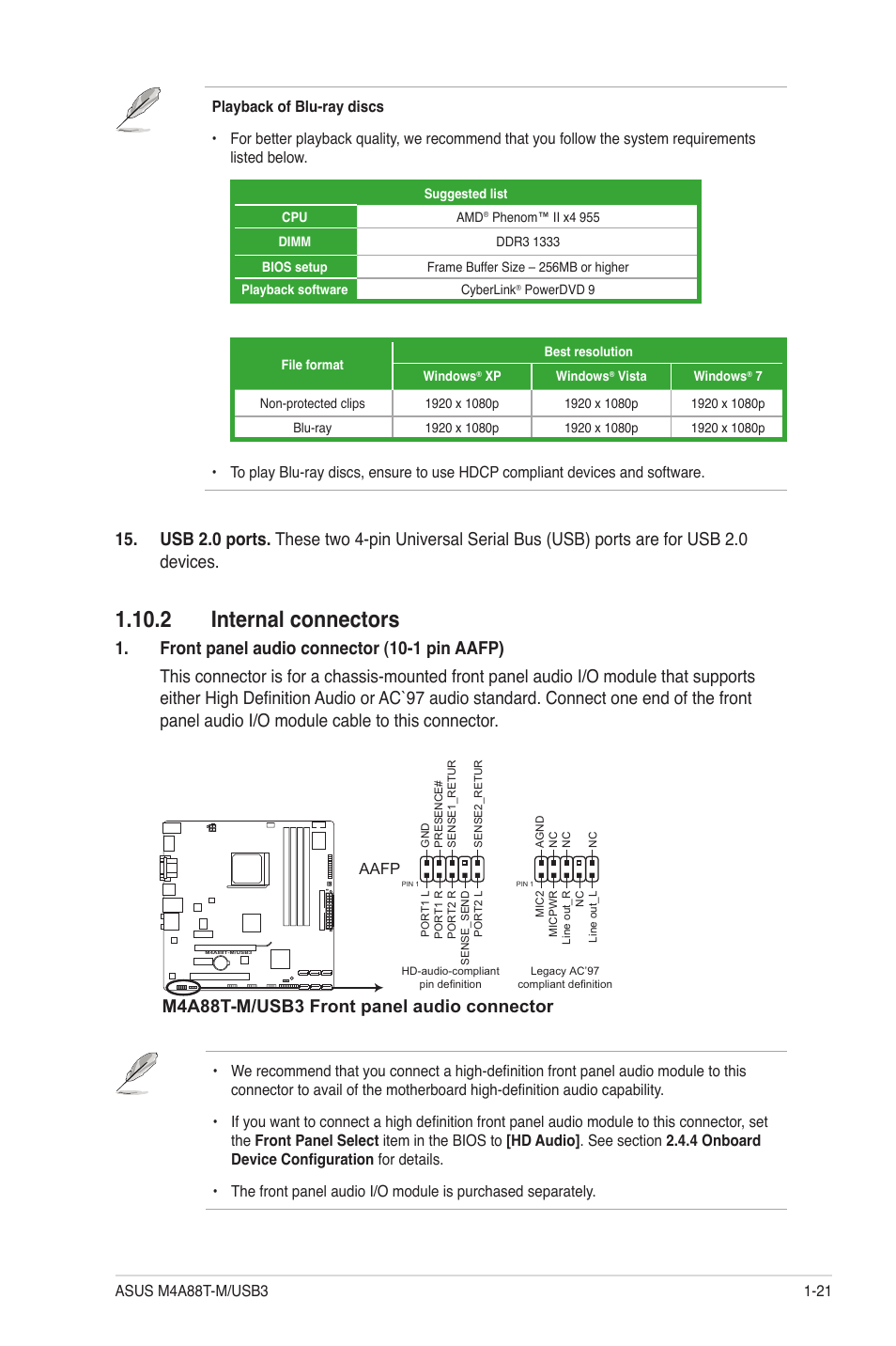 2 Internal Connectors 2 Internal Connectors 21 M4a88t M Usb3 Front Panel Audio Connector Asus M4a88t M Usb3 User Manual Page 33 68 Original Mode