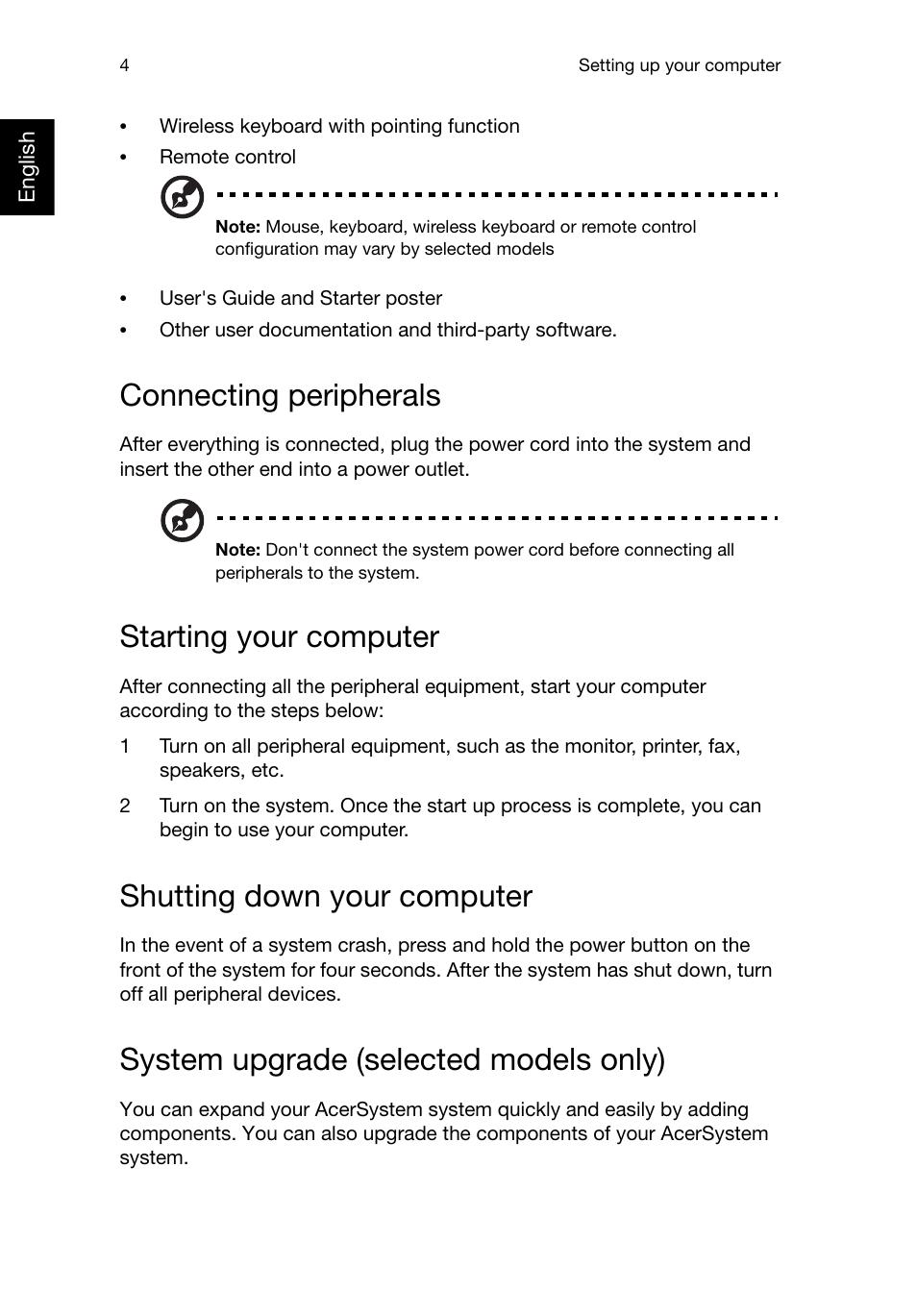 Connecting peripherals, Starting your computer, Shutting down your