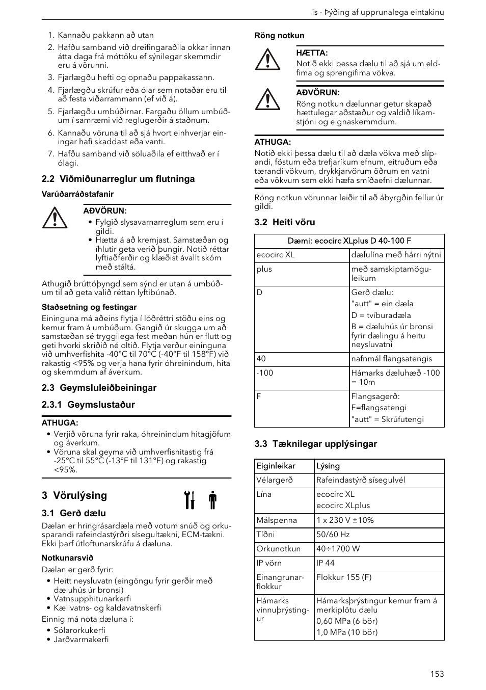 2 Vidmidunarreglur Um Flutninga 3 Geymsluleidbeiningar 1 Geymslustadur Xylem Ecocirc Xl Xlplus User Manual Page 153 404 Original Mode