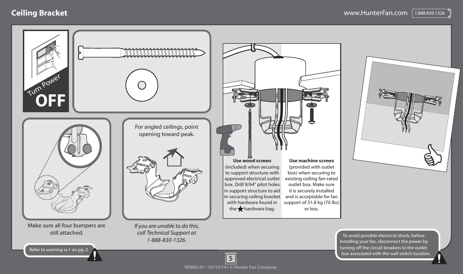 Ceiling bracket, Turn p ow er | Hunter 52005 52 Highbury User Manual