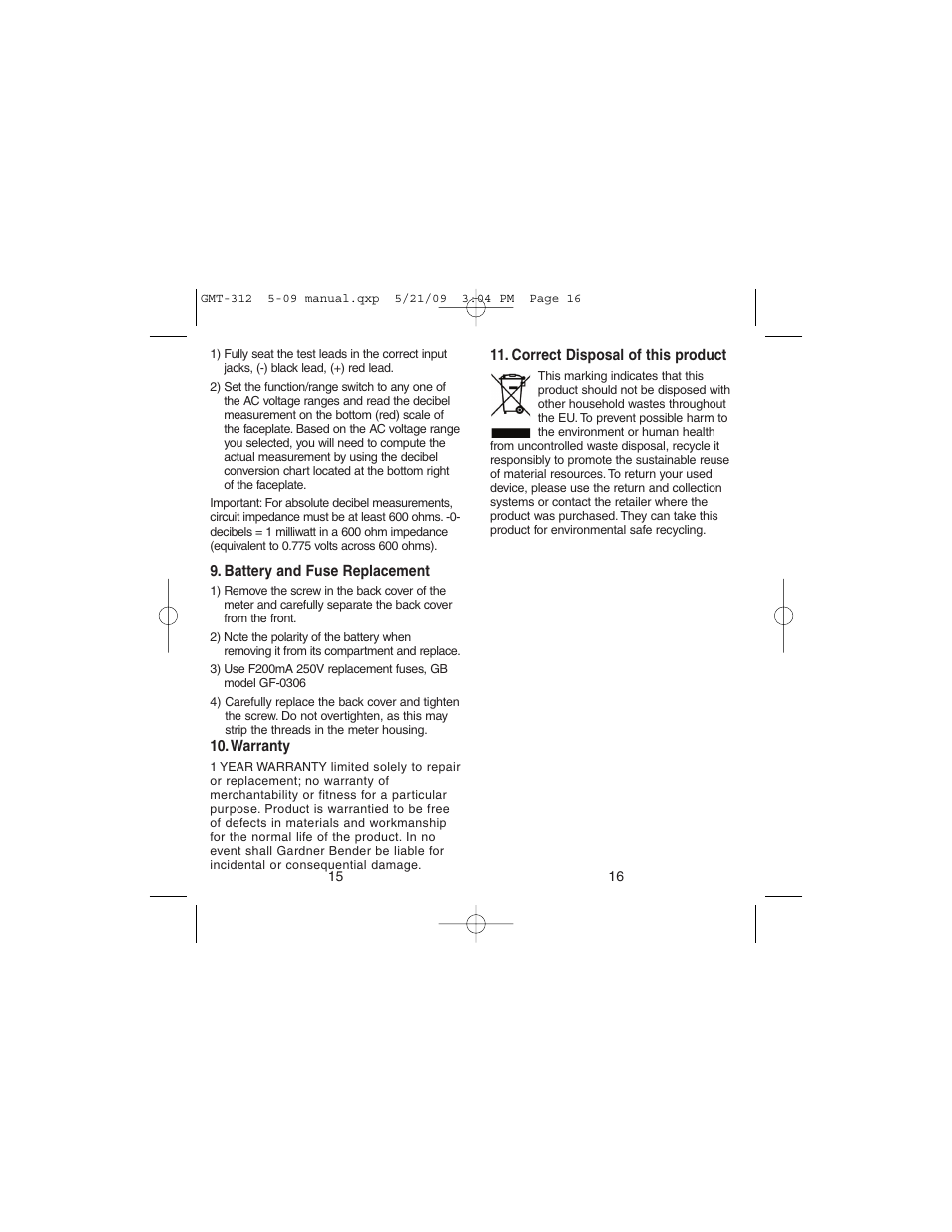 Gardner Bender GMT-312 5 Function Analog Multimeter User Manual | Page