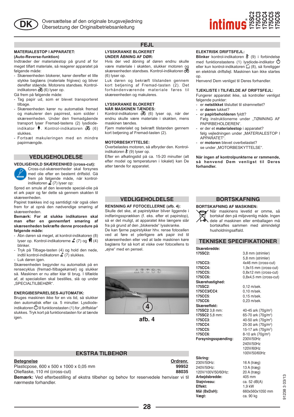Afb. 4, Vedligeholdelse fejl, Vedligeholdelse | intimus 175 CC5 User Manual Page 28 | mode