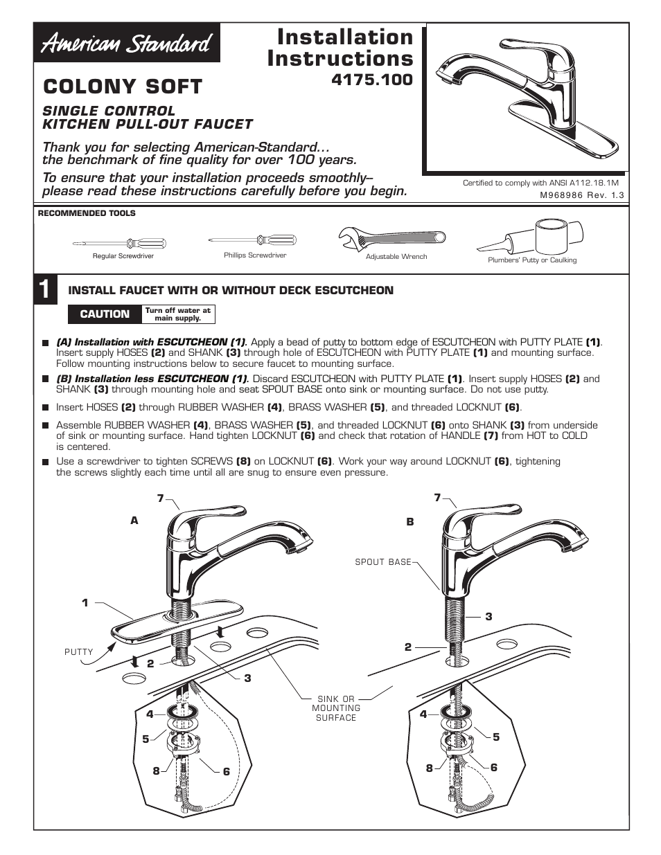 American Standard Colony Soft 4175 1 User Manual 3 Pages