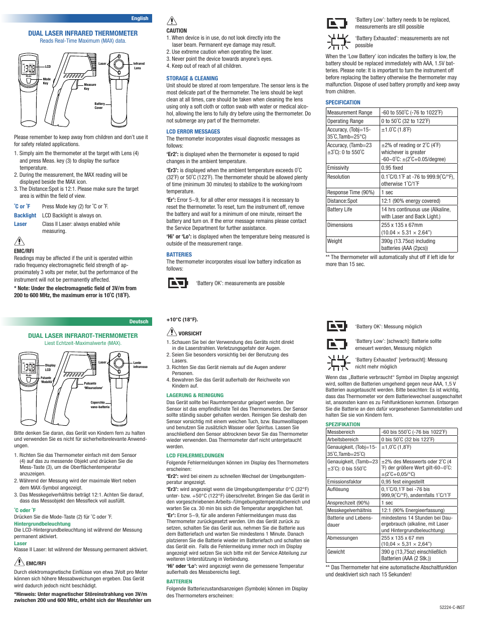 Mastercool 52224-C DUAL LASER INFRARED THERMOMETER User Manual | 2