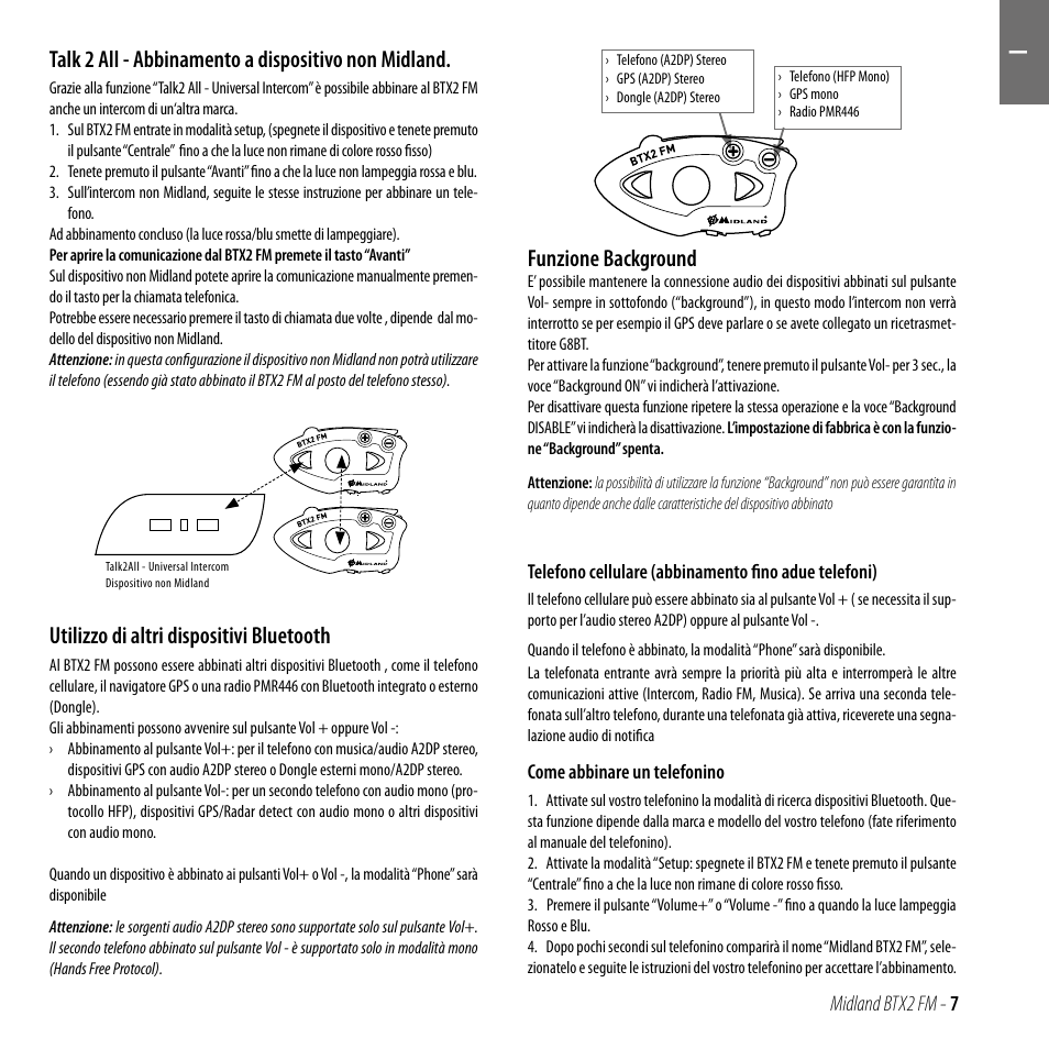 Talk 2 all - abbinamento a dispositivo non midland, Utilizzo di altri  dispositivi bluetooth, Funzione background | MIDLAND BTX2 FM User Manual |  Page 8 / 100