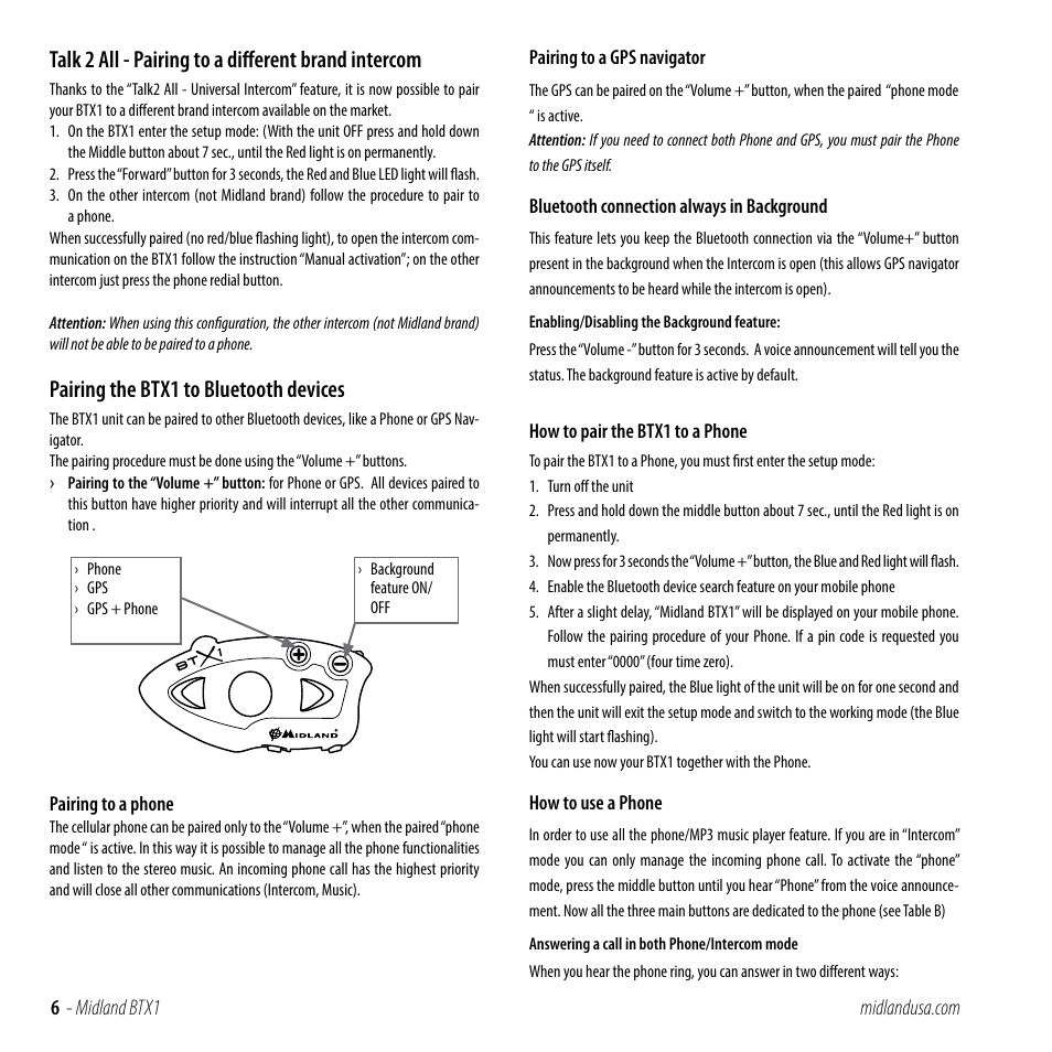 Talk 2 All Pairing To A Different Brand Inter Pairing The Btx1 To Bluetooth Devices Midland Btx1 User Manual Page 6 11 Original Mode