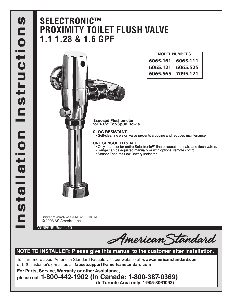 American Standard Selectronic 6065 565 User Manual 11 Pages