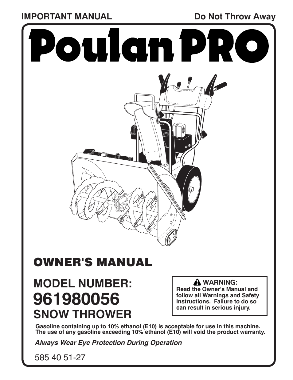 Poulan Pro 961980056 SNOW THROWER User Manual | 44 pages | Original mode