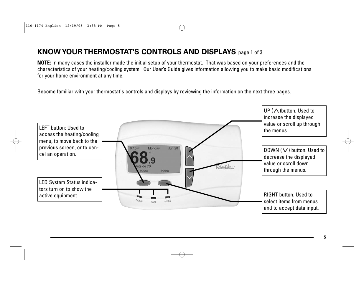 Know your thermostat's controls and displays | Robertshaw 9725i2 USERS