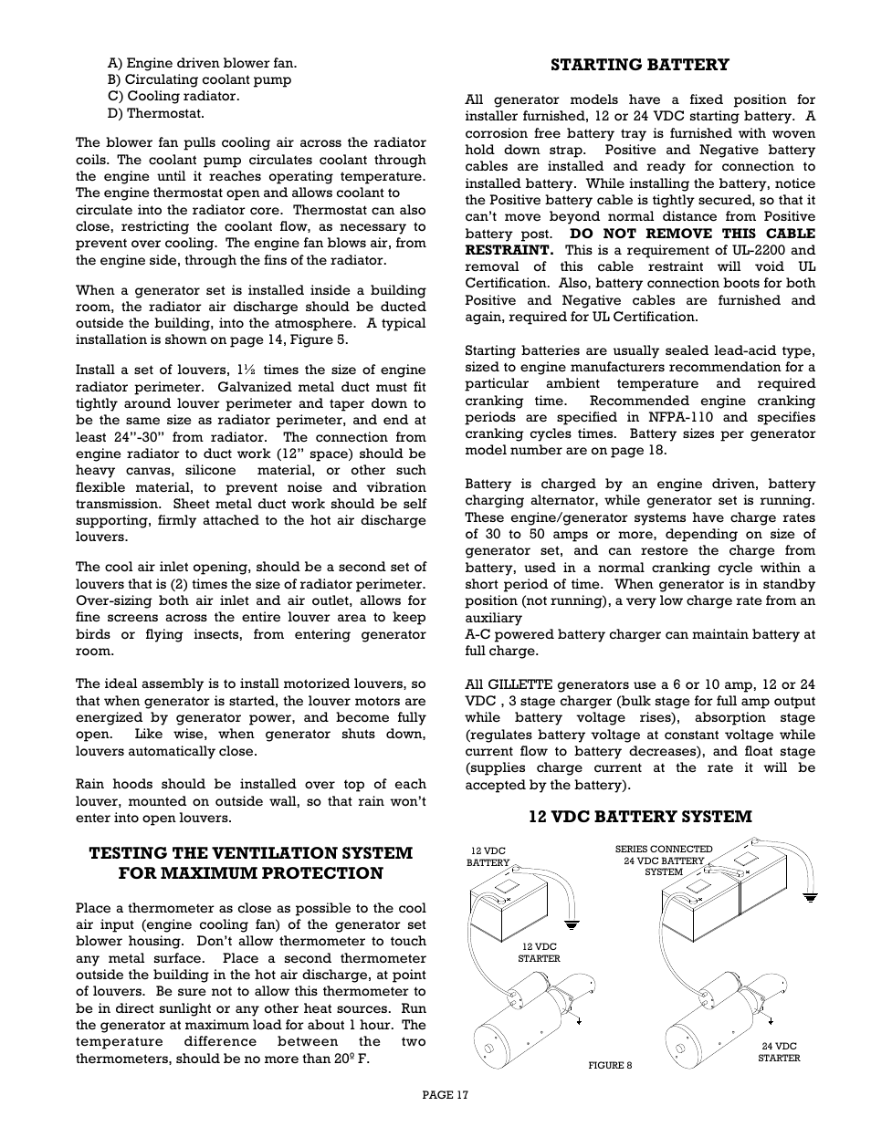 Starting battery, 12 vdc battery system | Gillette Generators SPMD-2500 THRU SPMD-4000 User Manual | Page 17 / 27