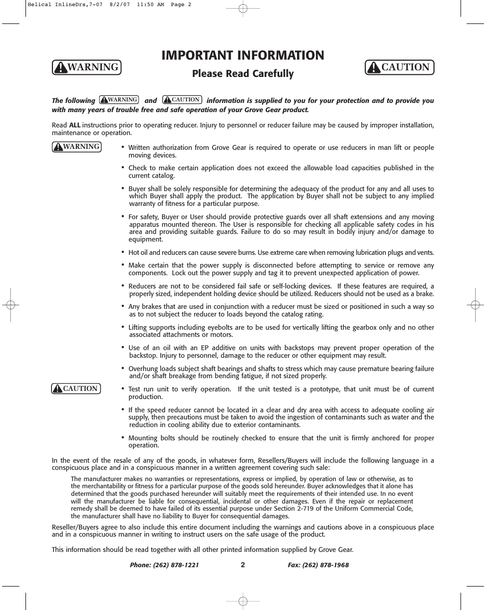 Important information, Please read carefully warning, Caution | Grove Gear Helical-Inline Cast Iron (R Series) User Manual | Page 2 / 8