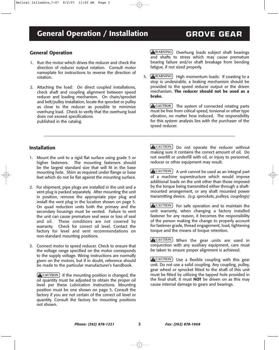 General operation / installation | Grove Gear Helical-Inline Cast Iron (R Series) User Manual | Page 3 / 8