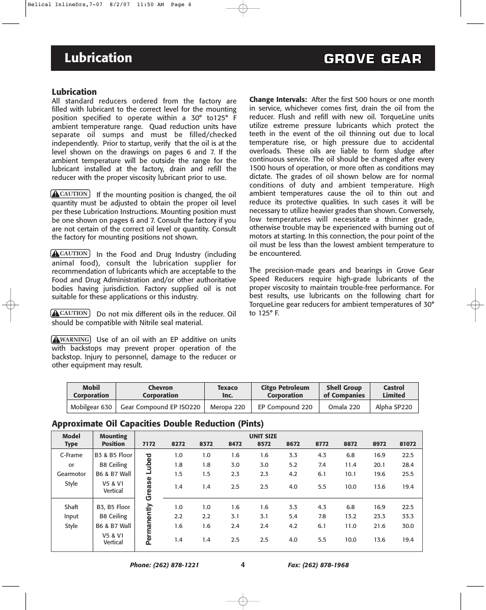 Lubrication | Grove Gear Helical-Inline Cast Iron (R Series) User Manual | Page 4 / 8