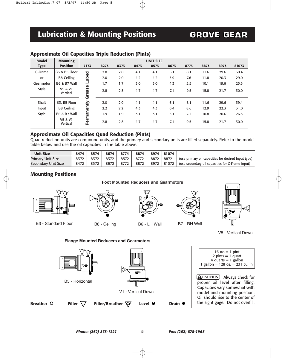 Lubrication & mounting positions, Approximate oil capacities quad reduction (pints), Mounting positions | Grove Gear Helical-Inline Cast Iron (R Series) User Manual | Page 5 / 8