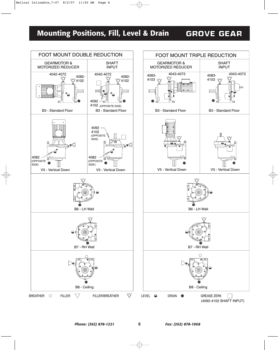Mounting positions, fill, level & drain, Foot mount double reduction, Foot mount triple reduction | Grove Gear Helical-Inline Cast Iron (R Series) User Manual | Page 6 / 8