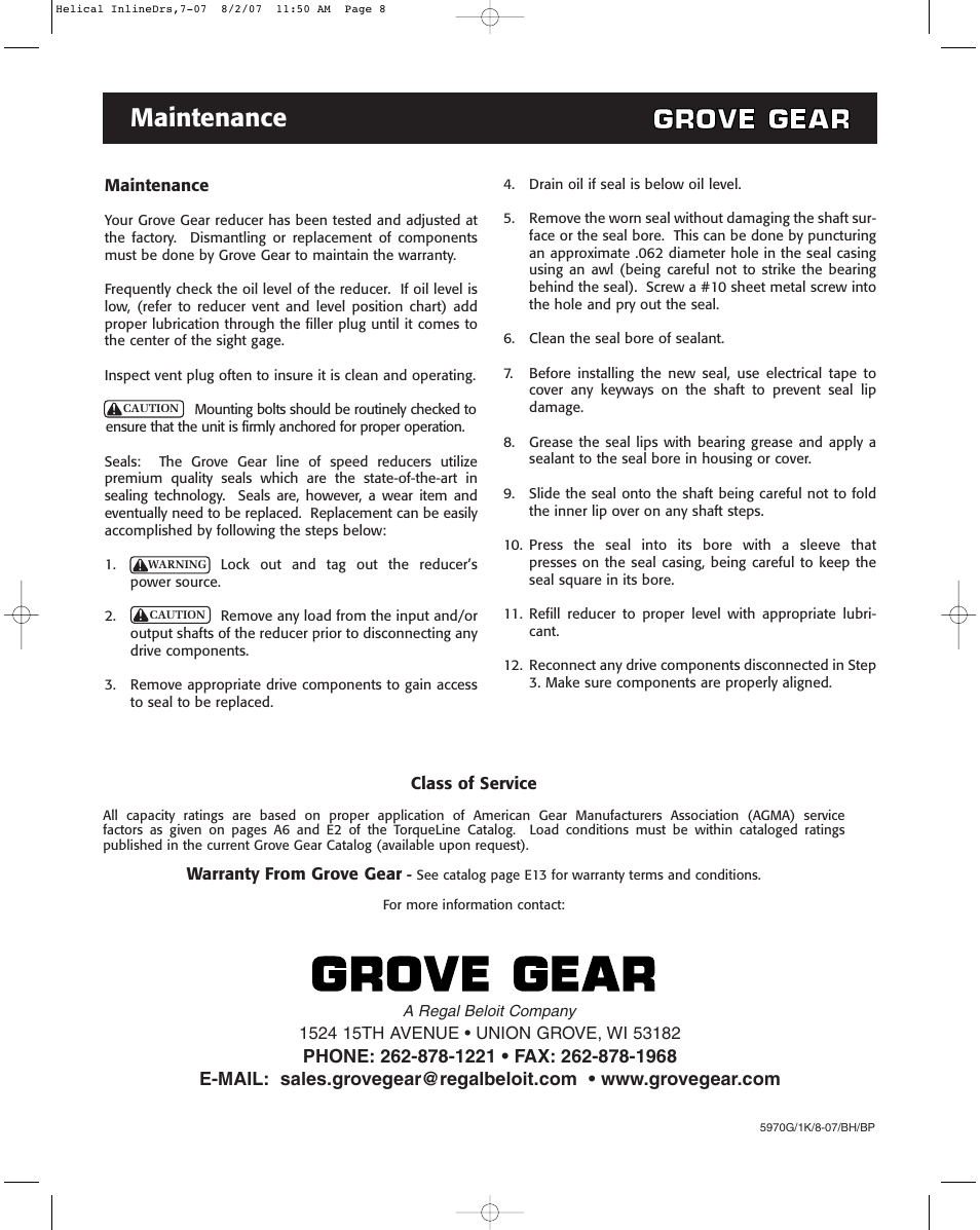 Maintenance | Grove Gear Helical-Inline Cast Iron (R Series) User Manual | Page 8 / 8