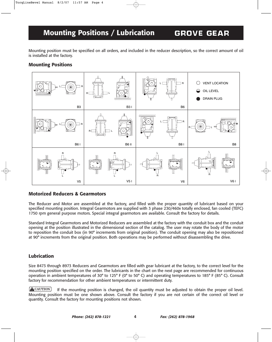 Mounting positions / lubrication, Mounting positions motorized reducers & gearmotors, Lubrication | Grove Gear Helical-Bevel Cast Iron (K Series) User Manual | Page 4 / 8