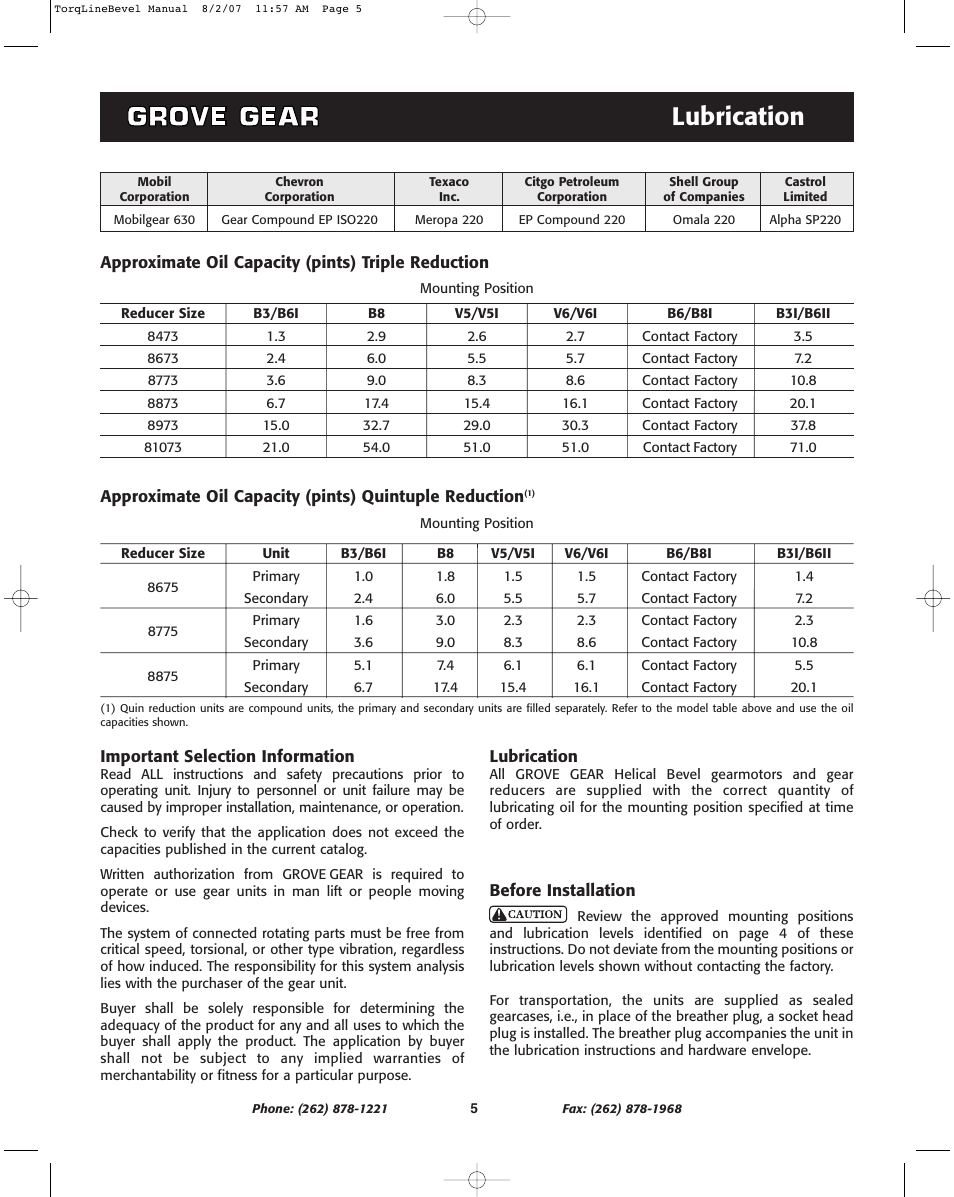 Lubrication | Grove Gear Helical-Bevel Cast Iron (K Series) User Manual | Page 5 / 8