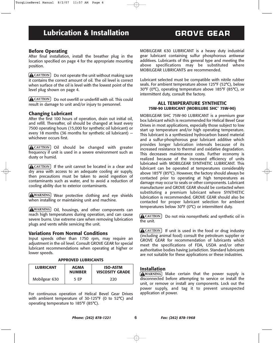 Lubrication & installation | Grove Gear Helical-Bevel Cast Iron (K Series) User Manual | Page 6 / 8