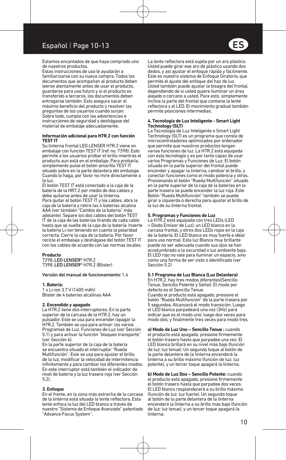 lukker modvirke hjemmehørende Español | page 10-13 | LED LENSER H7R.2 User Manual | Page 11 / 50 |  Original mode