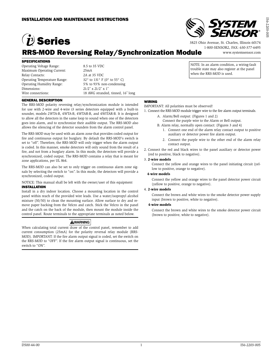 System Sensor RRSMOD User Manual 4 pages Original mode