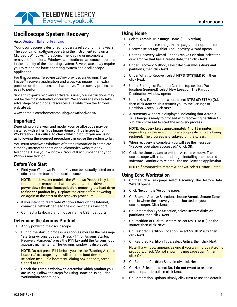 Teledyne LeCroy Oscilloscope System Recovery User Manual 8 pages