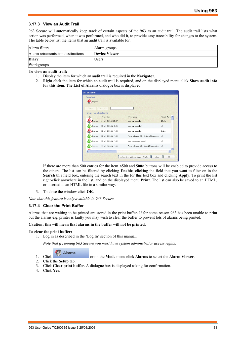 View an audit trail, Clear the print buffer | TREND 963 User Guide User