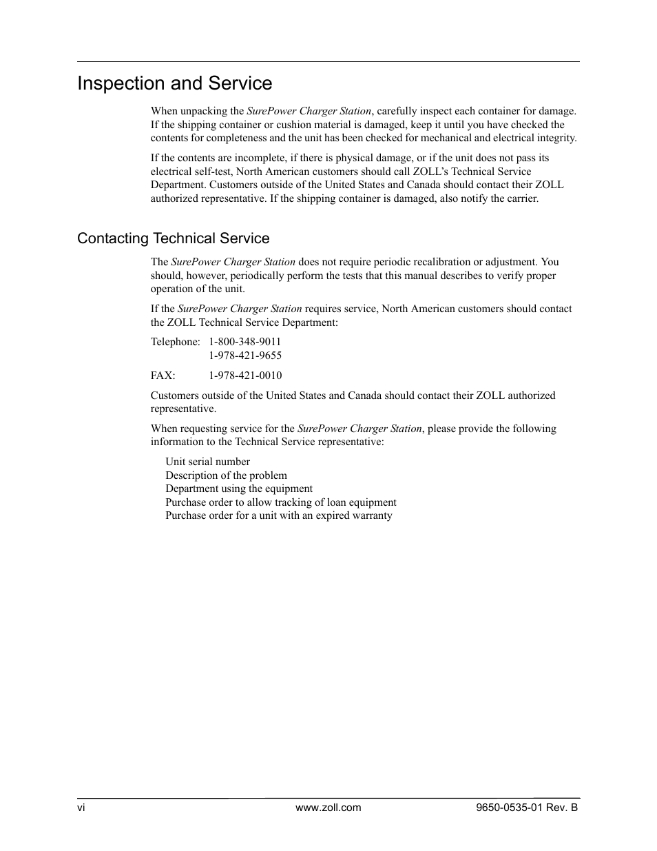 Inspection and service, Contacting technical service | ZOLL SurePower Rev B Charger Station User Manual | Page 10 / 44