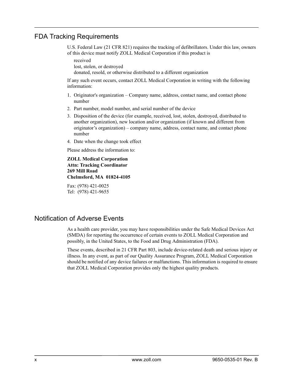 Fda tracking requirements, Notification of adverse events | ZOLL SurePower Rev B Charger Station User Manual | Page 14 / 44