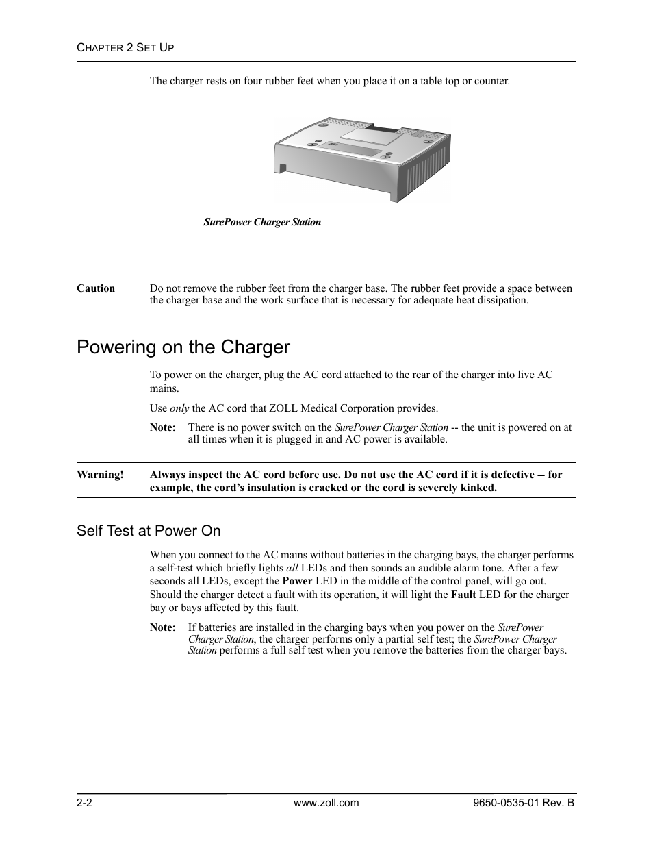 Powering on the charger, Self test at power on | ZOLL SurePower Rev B Charger Station User Manual | Page 20 / 44