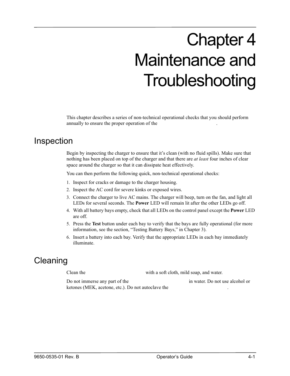 Chapter 4 maintenance and troubleshooting, Inspection, Cleaning | ZOLL SurePower Rev B Charger Station User Manual | Page 33 / 44