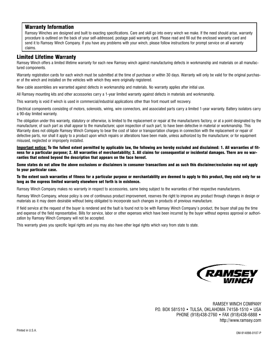 Limited lifetime warranty, Warranty information | Ramsey Winch REP-6000