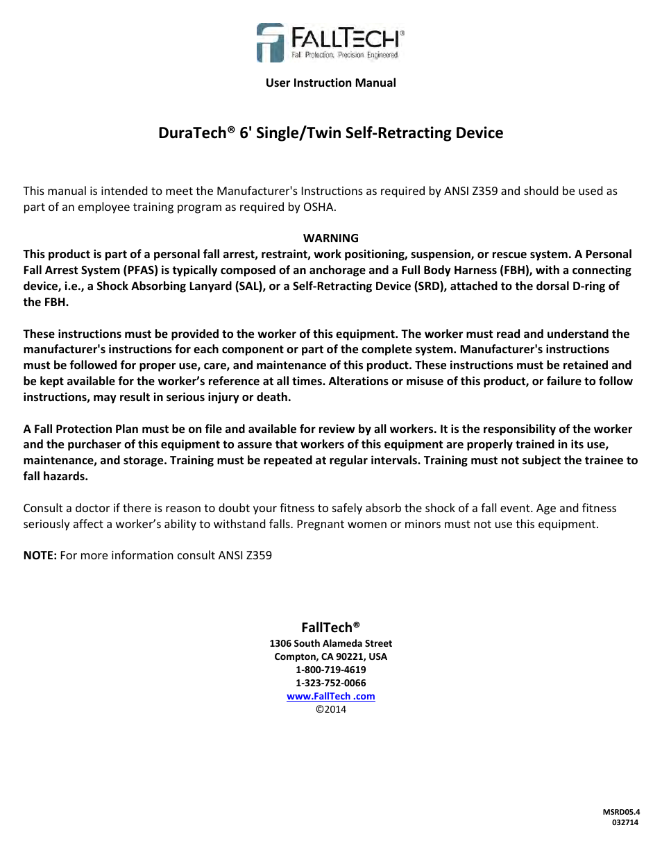 FallTech DuraTech 6' Single/Twin Self‐Retracting Device User Manual | 36 pages