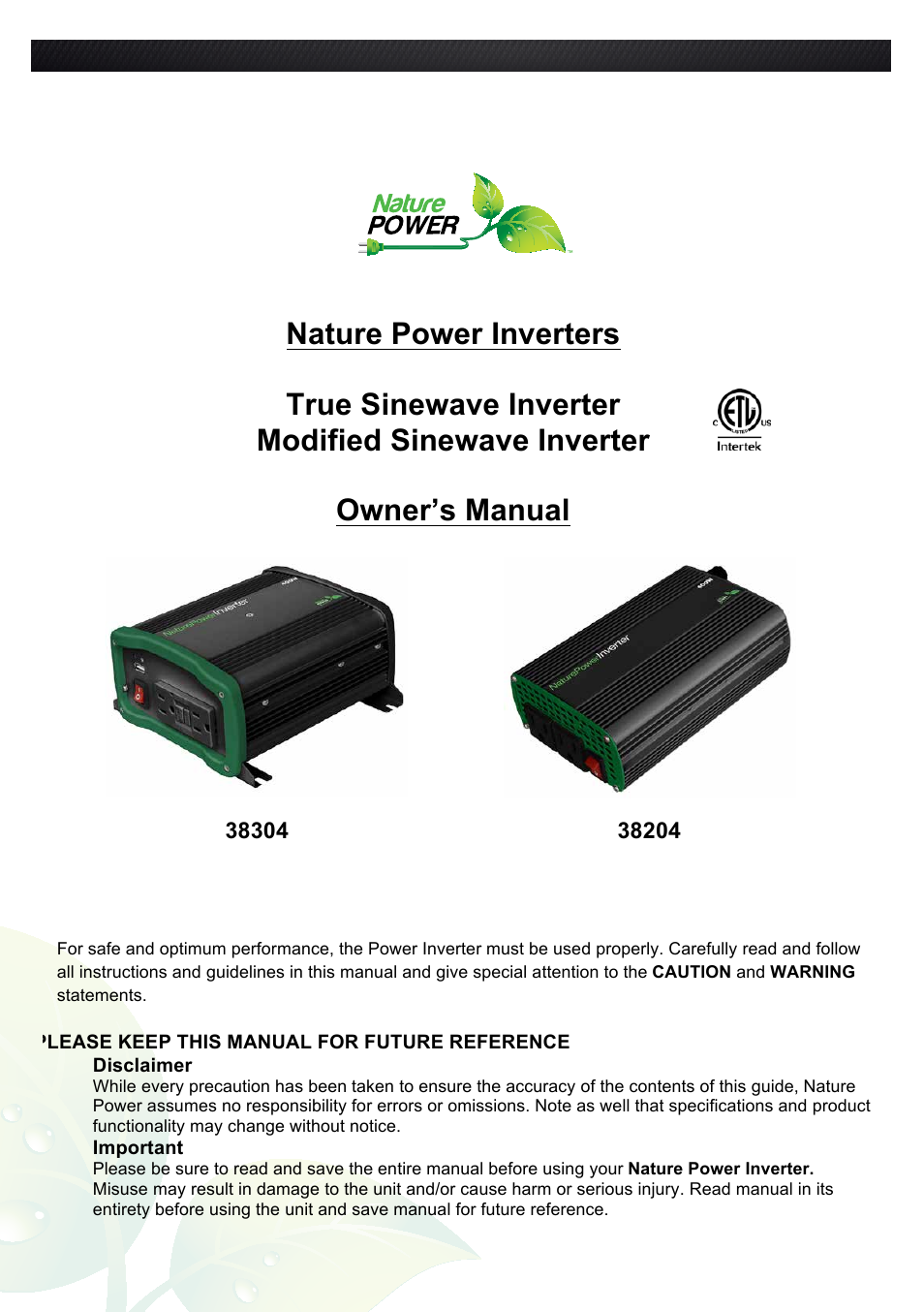 Nature Power Modified Sinewave Inverter 400w (38204) User Manual | 7 pages