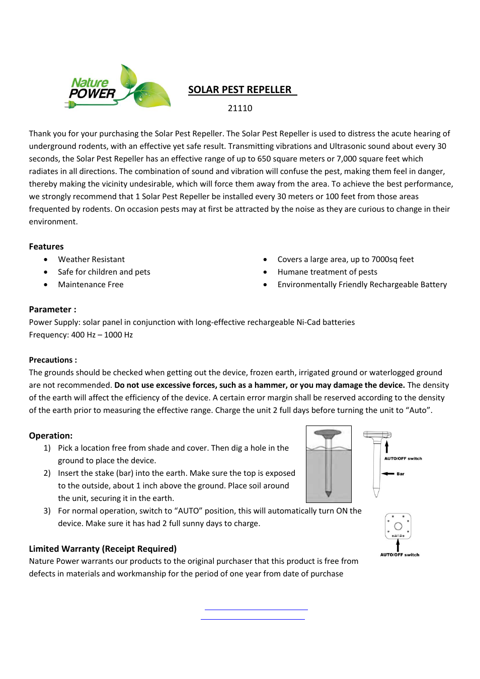 Nature Power SOLAR PEST REPELLER (21110
) User Manual | 1 page